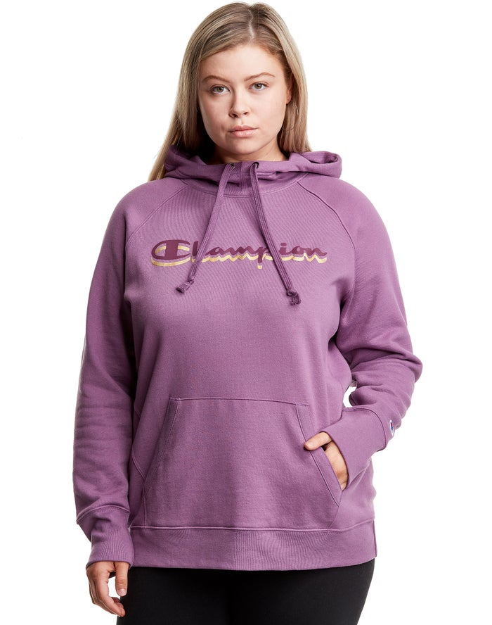 Champion Plus Powerblend Fleece Drop Shadow Foil Script Logo Kadın Kapşonlu Sweatshirt Pembe ( LJESW